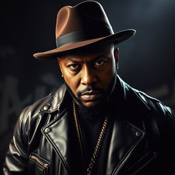 A moody and dramatic portrait of Timbaland, the hip-hop icon, set against a dark, atmospheric background