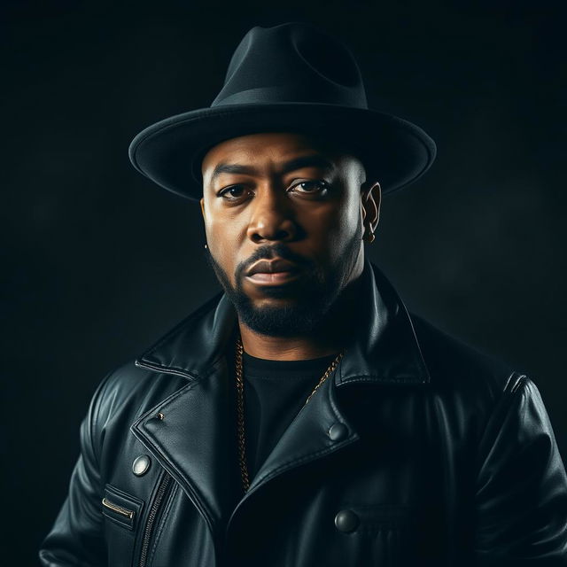 A moody and dramatic portrait of Timbaland, the hip-hop icon, set against a dark, atmospheric background