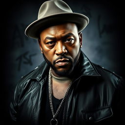 A moody and dramatic portrait of Timbaland, the hip-hop icon, set against a dark, atmospheric background
