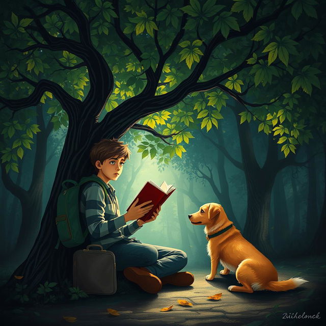 A captivating book cover for a suspense novel featuring a 15-year-old adolescent with a backpack and a suitcase, sitting beneath a sprawling tree with vibrant green leaves in a dimly lit forest