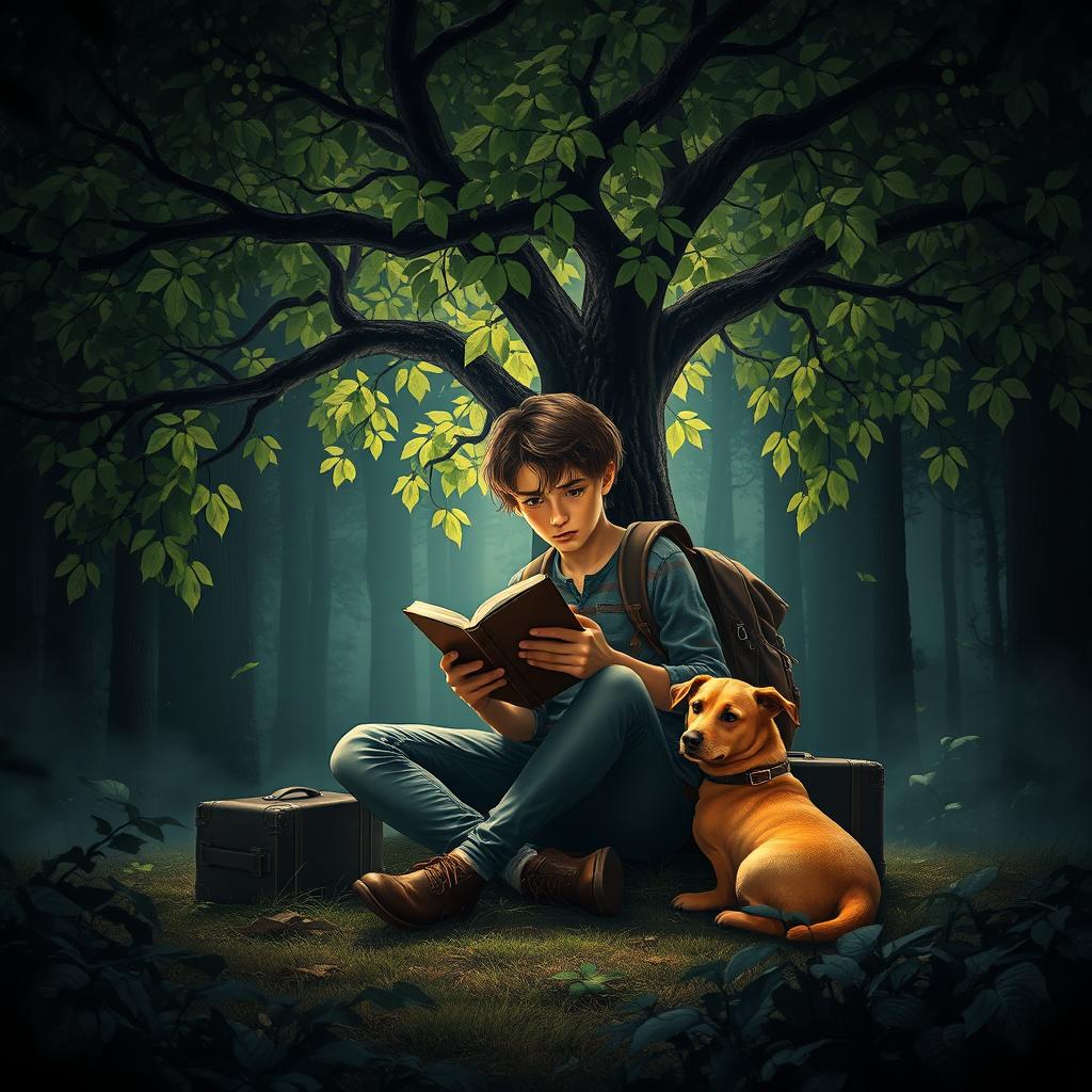 A captivating book cover for a suspense novel featuring a 15-year-old adolescent with a backpack and a suitcase, sitting beneath a sprawling tree with vibrant green leaves in a dimly lit forest