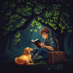 A captivating book cover for a suspense novel featuring a 15-year-old adolescent with a backpack and a suitcase, sitting beneath a sprawling tree with vibrant green leaves in a dimly lit forest