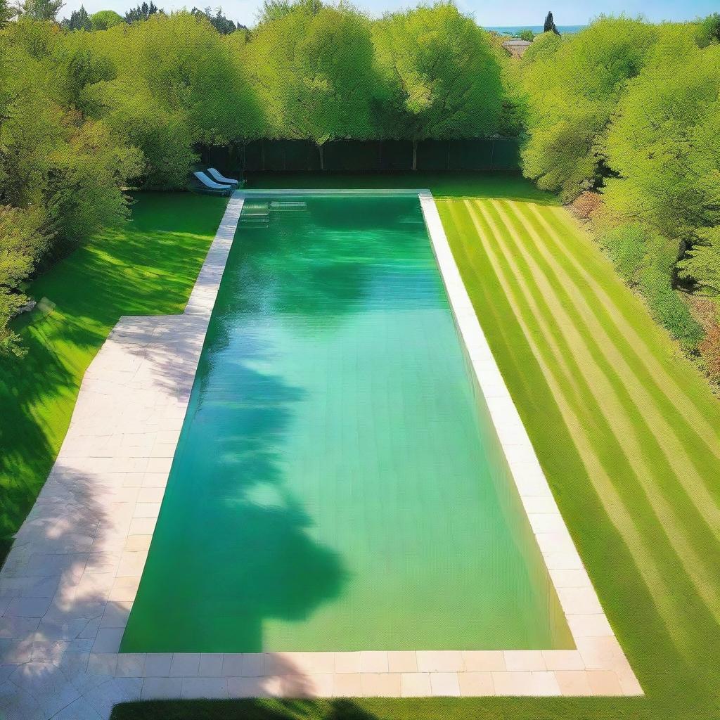 A large, sparkling swimming pool under the radiant rays of a midday sun, with a vibrant green lawn enveloping its edges.