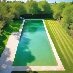 A large, sparkling swimming pool under the radiant rays of a midday sun, with a vibrant green lawn enveloping its edges.