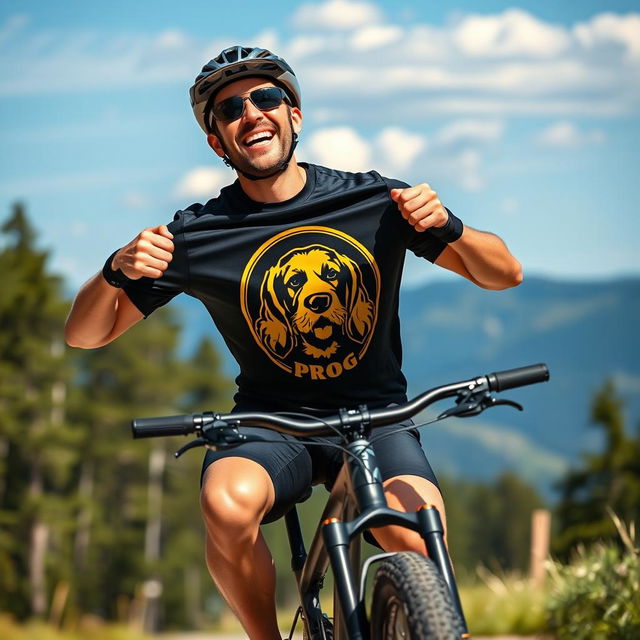 A joyful cyclist riding a complete mountain bike, holding with both hands a black and gold T-shirt that features a logo of a cocker spaniel's face and the word 'PROG'