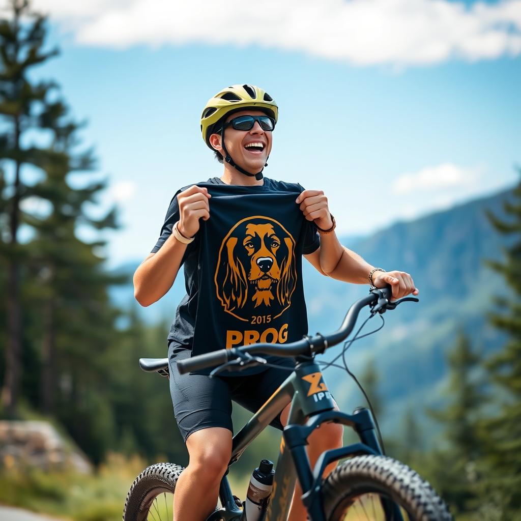 A joyful cyclist riding a complete mountain bike, holding with both hands a black and gold T-shirt that features a logo of a cocker spaniel's face and the word 'PROG'