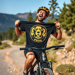 A joyful cyclist riding a complete mountain bike, holding with both hands a black and gold T-shirt that features a logo of a cocker spaniel's face and the word 'PROG'