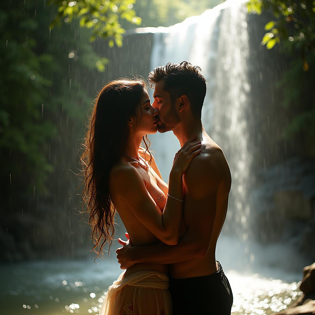 An enchanting scene depicting a hot Pakistani woman, age 18, experiencing a passionate moment with a man under a stunning waterfall