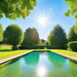 A large, sparkling swimming pool under the radiant rays of a midday sun, with a vibrant green lawn enveloping its edges.