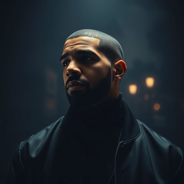 A moody and atmospheric portrait of Drake, the hip-hop icon, captured in a contemplative moment