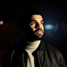 A moody and atmospheric portrait of Drake, the hip-hop icon, captured in a contemplative moment