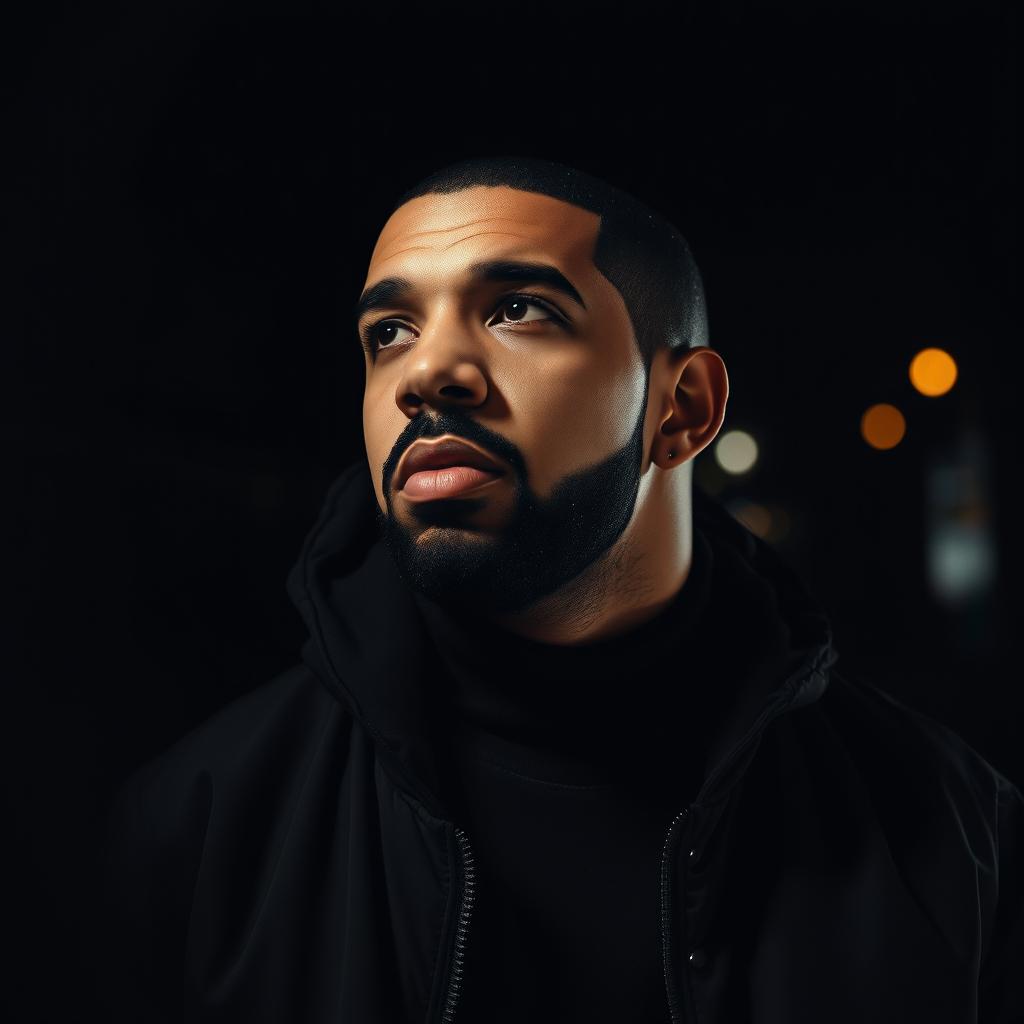 A moody and atmospheric portrait of Drake, the hip-hop icon, captured in a contemplative moment