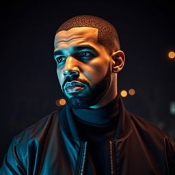 A moody and atmospheric portrait of Drake, the hip-hop icon, captured in a contemplative moment