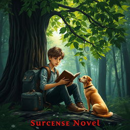 A gripping book cover for a suspense novel featuring a 15-year-old adolescent with a backpack and a suitcase, sitting underneath a large, leafy green tree in a dense forest