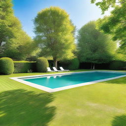 A large, sparkling swimming pool under the radiant rays of a midday sun, with a vibrant green lawn enveloping its edges.