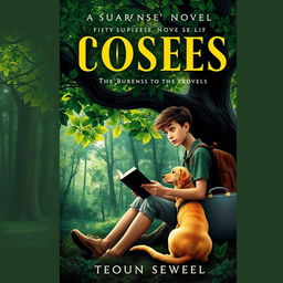 A gripping book cover for a suspense novel featuring a 15-year-old adolescent with a backpack and a suitcase, sitting underneath a large, leafy green tree in a dense forest