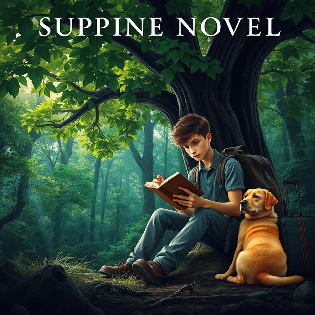 A gripping book cover for a suspense novel featuring a 15-year-old adolescent with a backpack and a suitcase, sitting underneath a large, leafy green tree in a dense forest