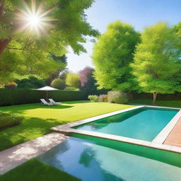 A large, sparkling swimming pool under the radiant rays of a midday sun, with a vibrant green lawn enveloping its edges.