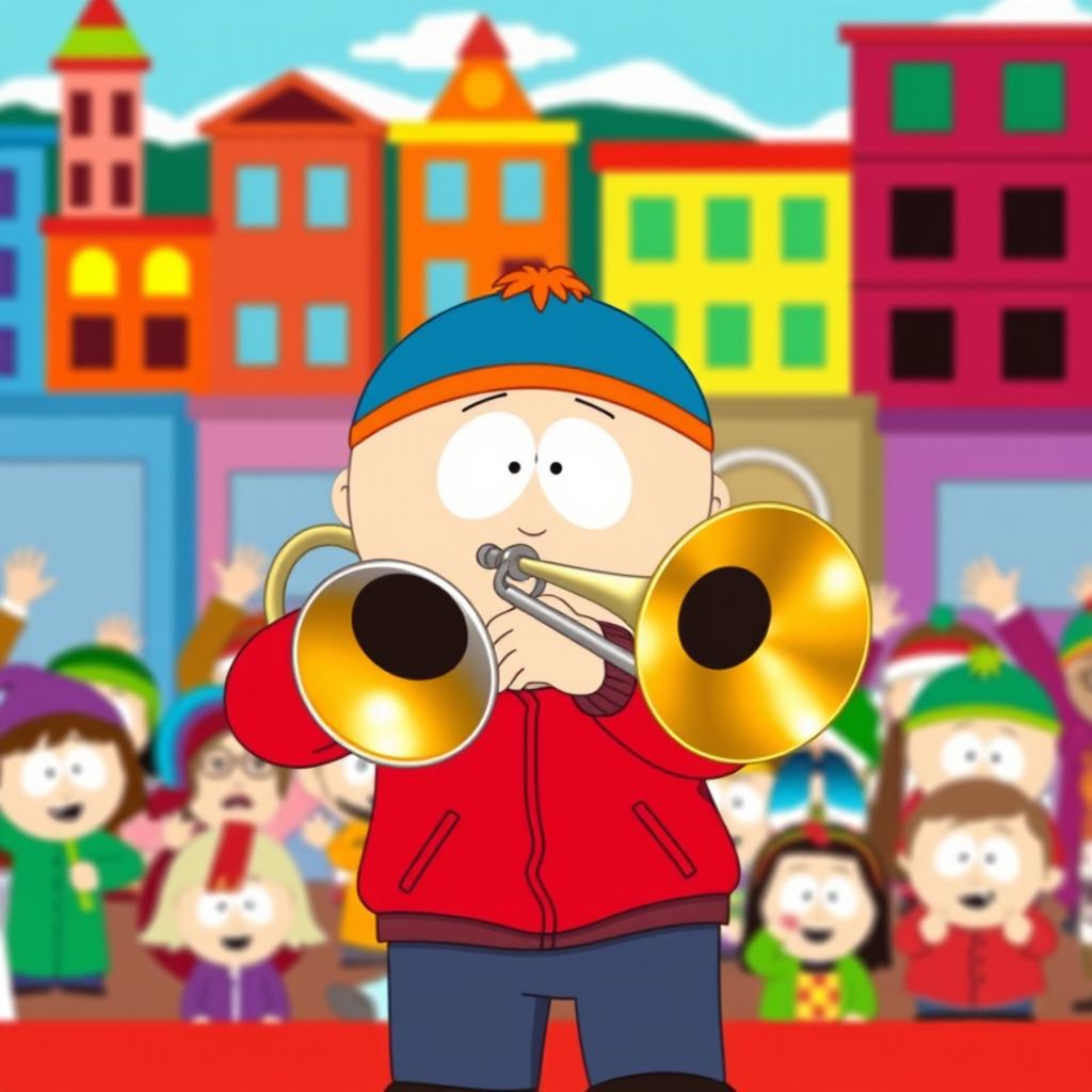 A cartoon-style illustration of Eric Cartman from South Park, energetically playing a trombone