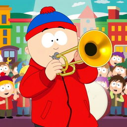 A cartoon-style illustration of Eric Cartman from South Park, energetically playing a trombone