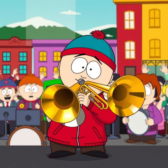 A cartoon-style illustration of Eric Cartman from South Park, energetically playing a trombone