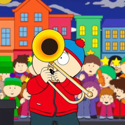 A cartoon-style illustration of Eric Cartman from South Park, energetically playing a trombone