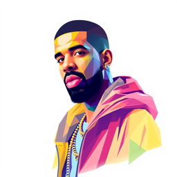 A full-body portrait of Drake, the hip-hop icon, depicted in vibrant polygon art style