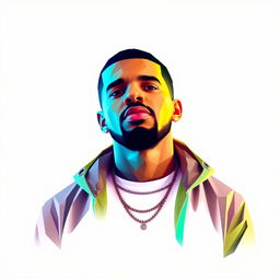 A full-body portrait of Drake, the hip-hop icon, depicted in vibrant polygon art style