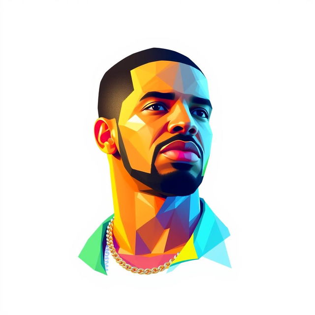 A full-body portrait of Drake, the hip-hop icon, depicted in vibrant polygon art style