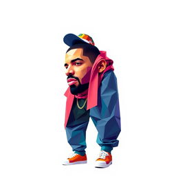 A full-body portrait of Drake, the hip-hop icon, depicted in vibrant polygon art style