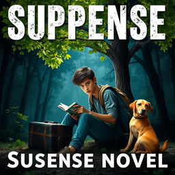 A striking book cover for a suspense novel featuring a 15-year-old adolescent, with a worn backpack and a suitcase, sitting under a lush green tree filled with vibrant leaves