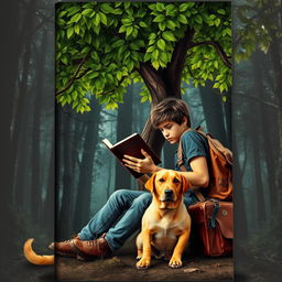A striking book cover for a suspense novel featuring a 15-year-old adolescent, with a worn backpack and a suitcase, sitting under a lush green tree filled with vibrant leaves