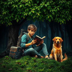 A striking book cover for a suspense novel featuring a 15-year-old adolescent, with a worn backpack and a suitcase, sitting under a lush green tree filled with vibrant leaves