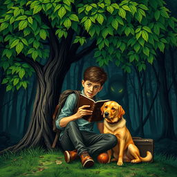 A striking book cover for a suspense novel featuring a 15-year-old adolescent, with a worn backpack and a suitcase, sitting under a lush green tree filled with vibrant leaves