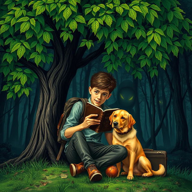 A striking book cover for a suspense novel featuring a 15-year-old adolescent, with a worn backpack and a suitcase, sitting under a lush green tree filled with vibrant leaves