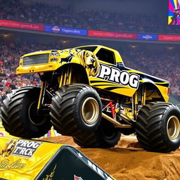 A striking gold and black monster truck adorned with a logo featuring the face of a cocker spaniel and the word 'PROG' prominently displayed