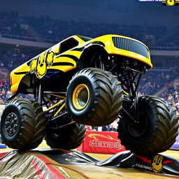 A striking gold and black monster truck adorned with a logo featuring the face of a cocker spaniel and the word 'PROG' prominently displayed