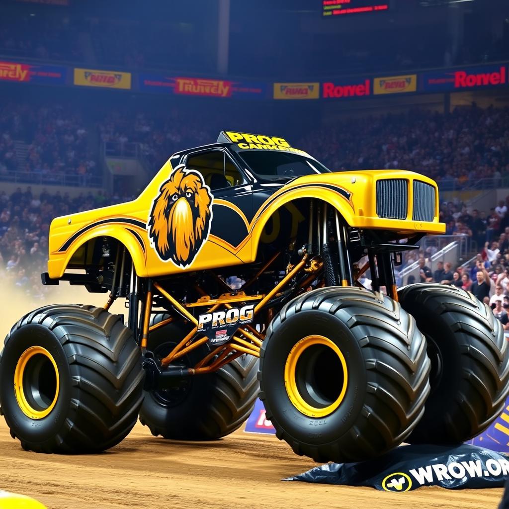 A striking gold and black monster truck adorned with a logo featuring the face of a cocker spaniel and the word 'PROG' prominently displayed