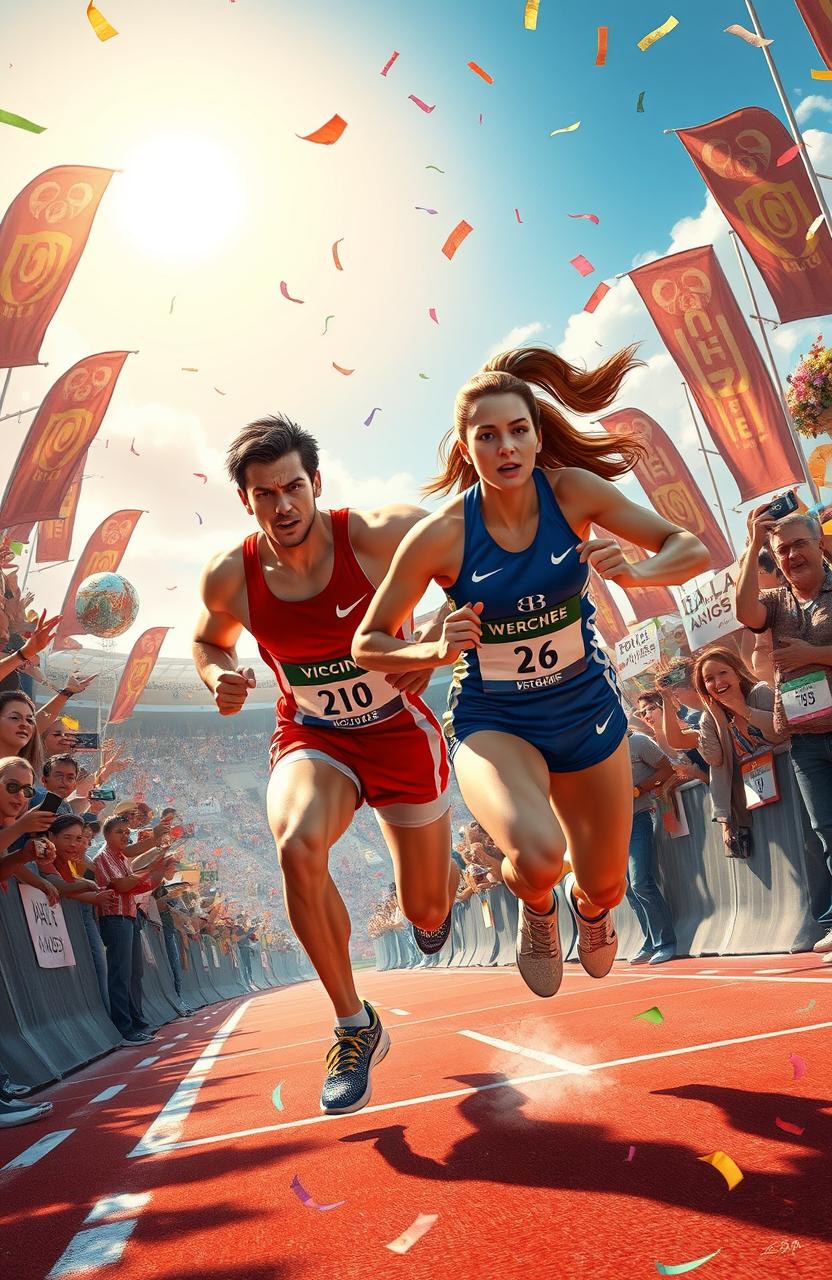 An intense sports scene depicting two fierce competitors racing towards the finish line, surrounded by a cheering crowd