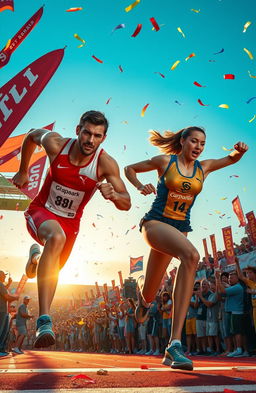 An intense sports scene depicting two fierce competitors racing towards the finish line, surrounded by a cheering crowd
