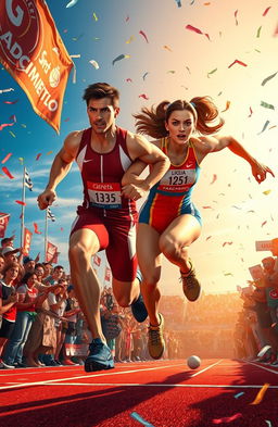An intense sports scene depicting two fierce competitors racing towards the finish line, surrounded by a cheering crowd