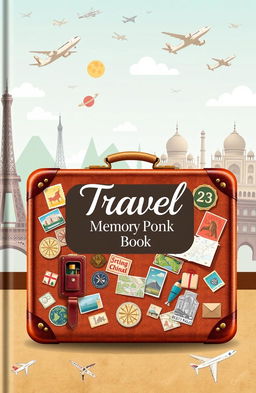 A beautifully designed travel memory book cover featuring a vintage suitcase adorned with travel stickers and stamps from various countries, against a backdrop of iconic landmarks like the Eiffel Tower, Great Wall of China, and Taj Mahal