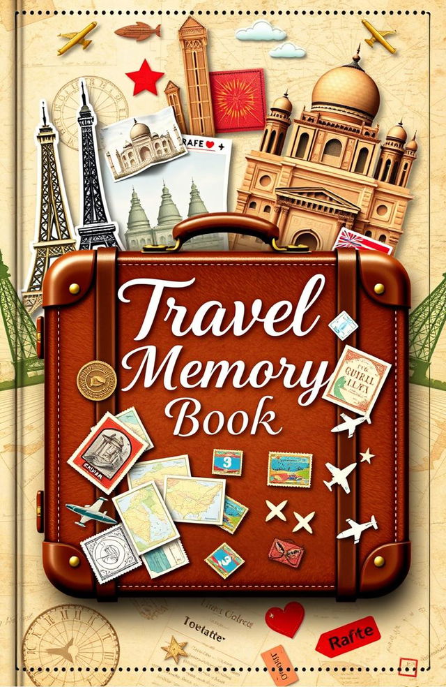 A beautifully designed travel memory book cover featuring a vintage suitcase adorned with travel stickers and stamps from various countries, against a backdrop of iconic landmarks like the Eiffel Tower, Great Wall of China, and Taj Mahal