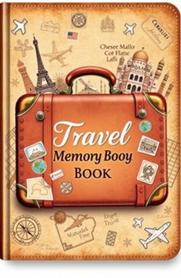 A beautifully designed travel memory book cover featuring a vintage suitcase adorned with travel stickers and stamps from various countries, against a backdrop of iconic landmarks like the Eiffel Tower, Great Wall of China, and Taj Mahal