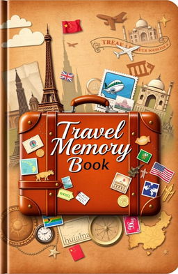 A beautifully designed travel memory book cover featuring a vintage suitcase adorned with travel stickers and stamps from various countries, against a backdrop of iconic landmarks like the Eiffel Tower, Great Wall of China, and Taj Mahal