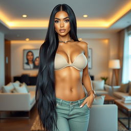 A beautiful woman with long, sleek black hair and a stunning, fit physique, dressed in trendy and fashionable clothing