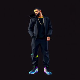 A full-body portrait of Drake, the hip-hop icon, depicted in colorful polygon art style against a solid black background