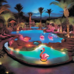 An outrageous swimming pool featuring waterfalls, a swim-up bar, vibrant flamingo floats, and dazzling underwater lighting.