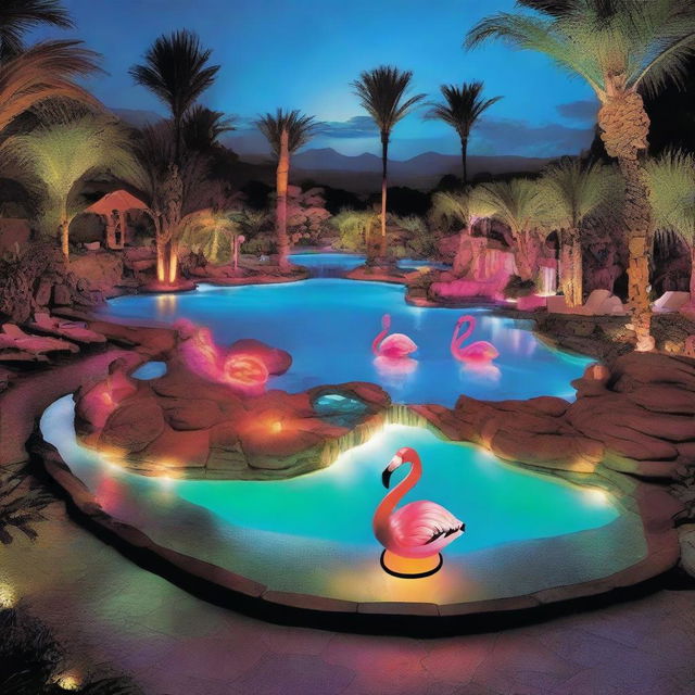 An outrageous swimming pool featuring waterfalls, a swim-up bar, vibrant flamingo floats, and dazzling underwater lighting.