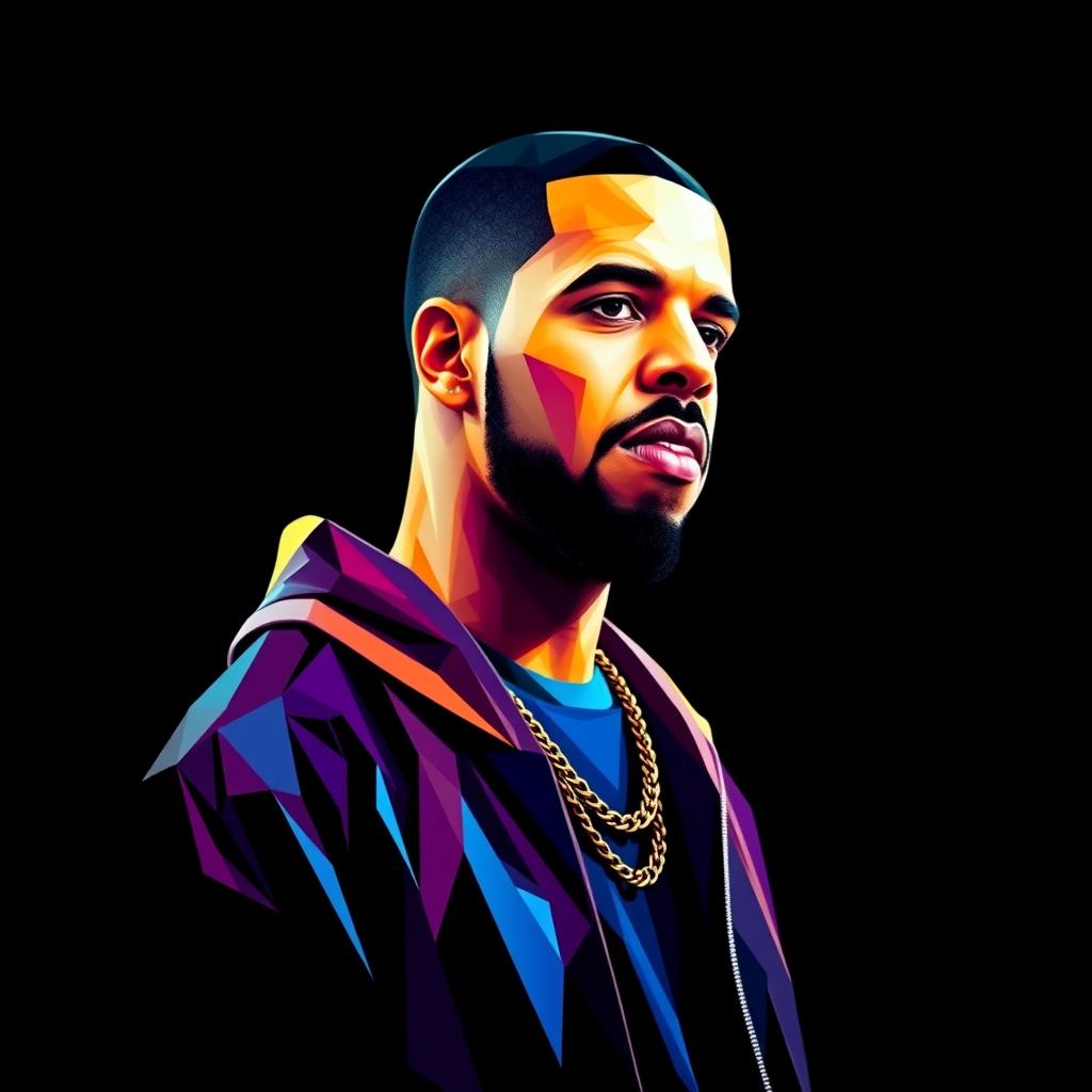 A full-body portrait of Drake, the hip-hop icon, depicted in colorful polygon art style against a solid black background